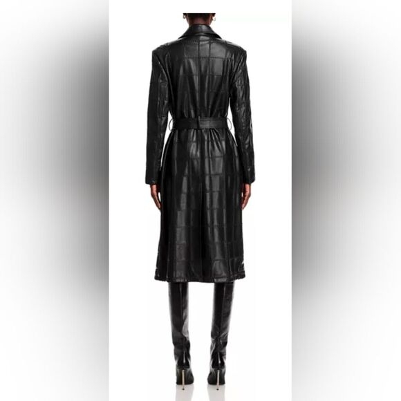 New Bagatelle Faux buttery soft patch black Leather belted Long Trench Coat Sz M - Picture 2 of 16